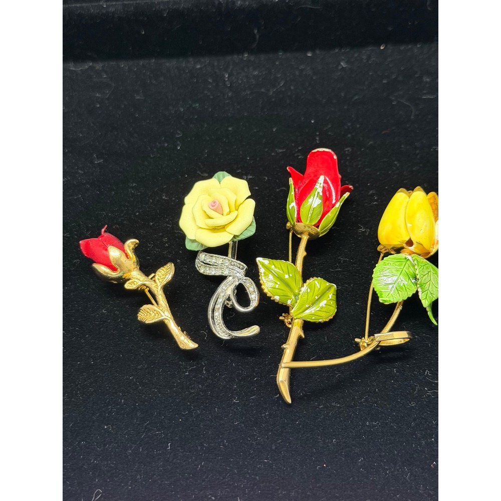 Vintage Rose Brooch Lot 4pc Enamel Rhinestone Floral Pins Red Yellow Gold‎ Tone